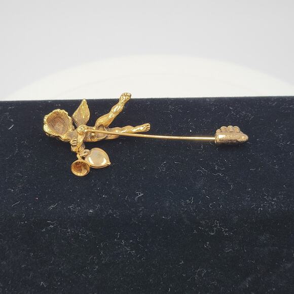 Vintage Cherub Coat Pins Lot of 3 Angel Cupid and FloralGold Tone Rhinestones - Picture 3 of 16
